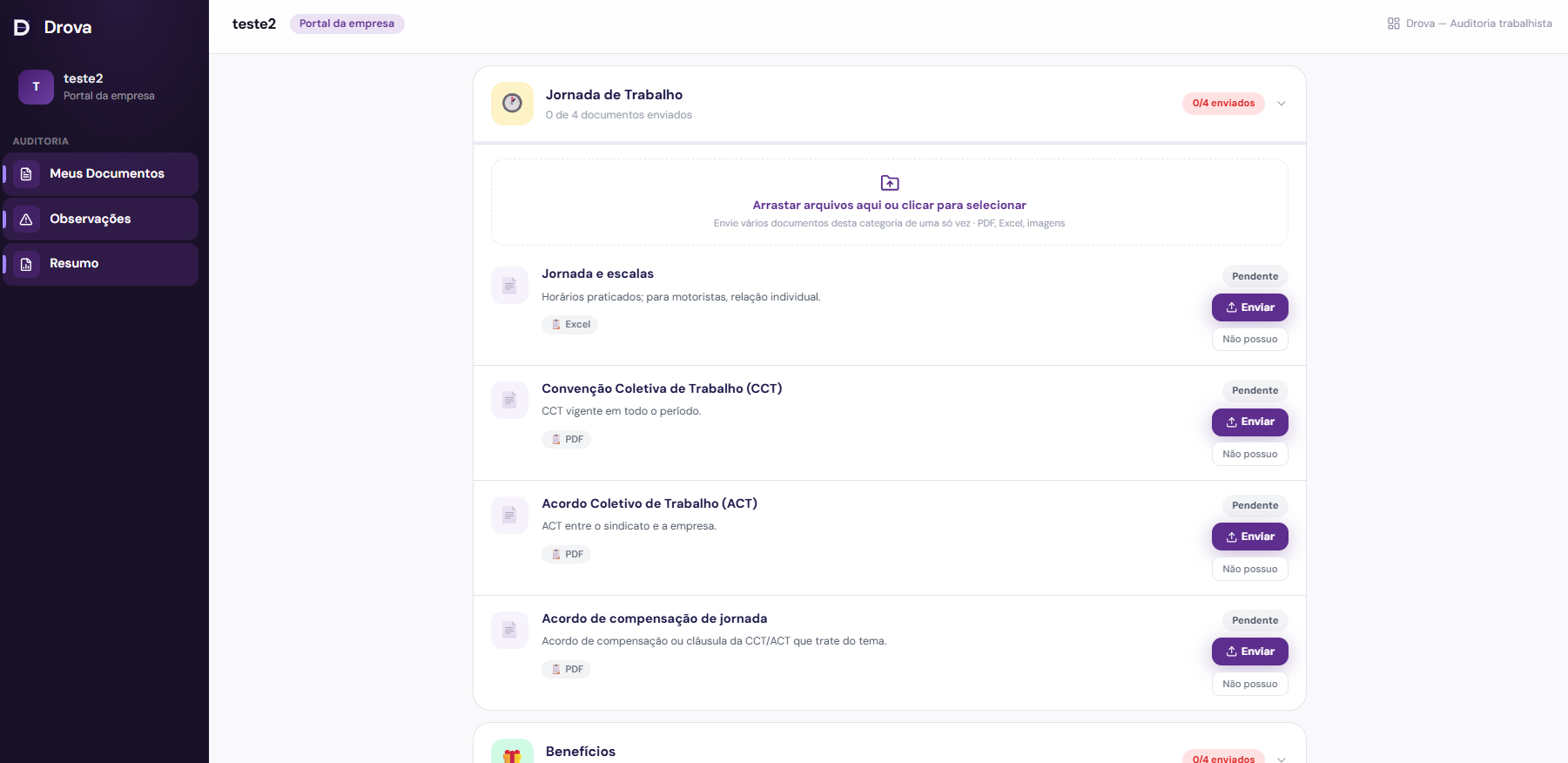 Drova IA analisando documentos trabalhistas — jornada, SST, remuneração e documentação